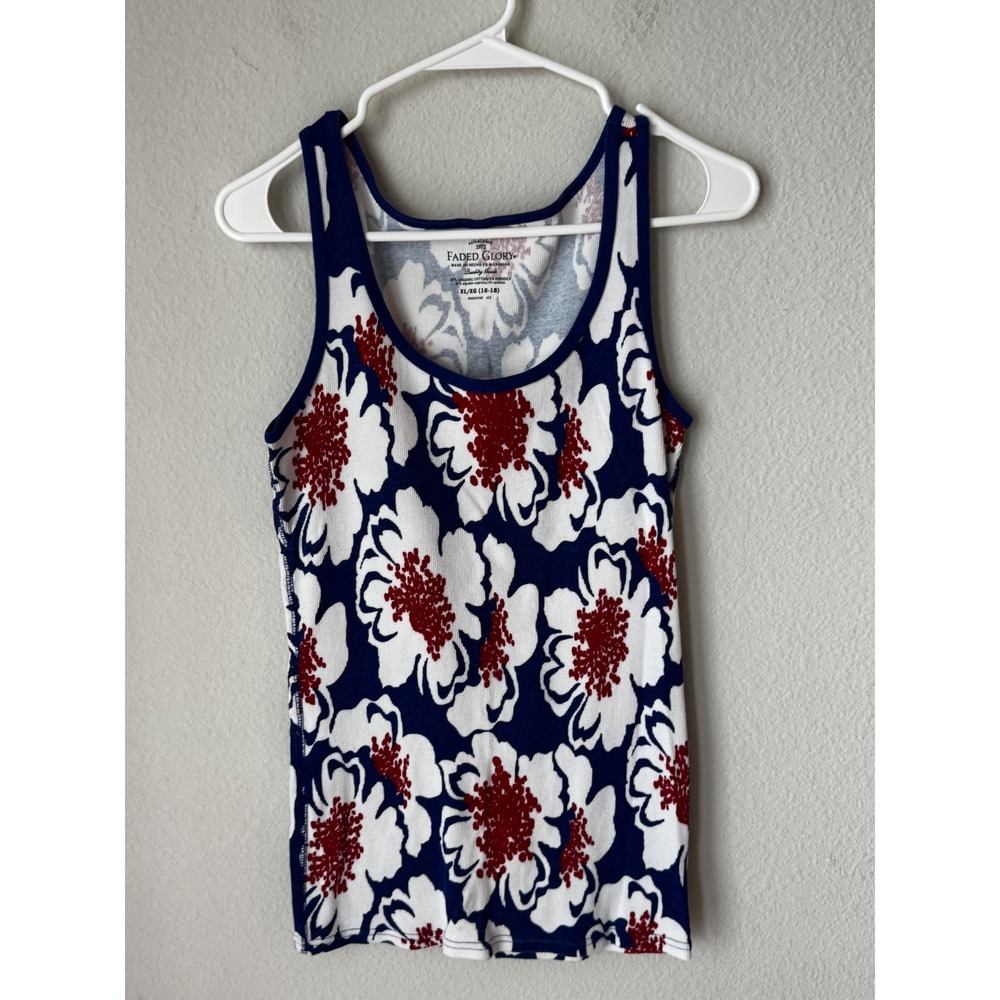 Faded Glory Floral Ribbed Tank Top Navy Blue White Red XL 16-18 Organic Cotton